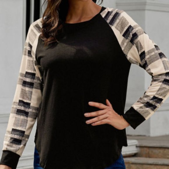 Black Shirt Black & White Plaid Sleeves - Picture 6 of 7